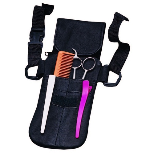 AMW 4 Pocket Scissor Case BLACK Leather Large Flap Compartment Clip belt
