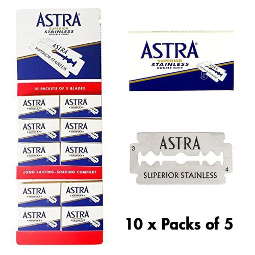 Astra Superior Blue Stainless Double Edge Razor Blades 10 Packs of 5 (50)