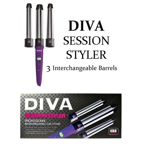 DIVA SESSION STYLER PURPLE Interchange Barrels Curling Iron Wand Conical Tong