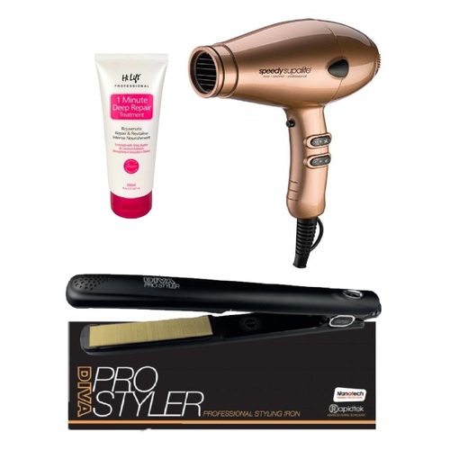 Speedy Supalite Gold Hairdryer - Diva PRO Styler Iron + Treatment Pack