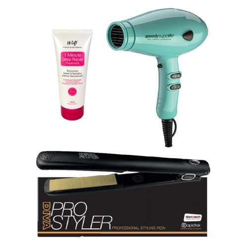 Speedy Supalite Tiffany Blue Hairdryer - Diva PRO Styler Iron + Treatment Pack