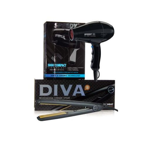 DIVA MK11  Hair Straightener Iron + Speedy 5000 Compact Hairdryer BLACK Pack