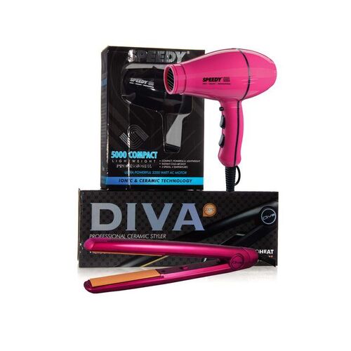 DIVA MK11 PINK Hair Straightener Iron + Speedy 5000 Compact Hairdryer Pack