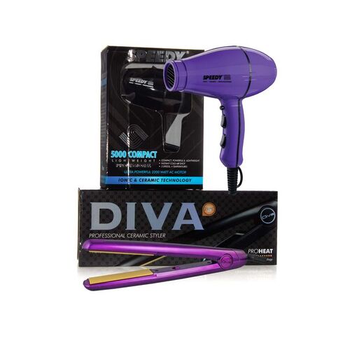 DIVA MK11 Hair Straightener Iron + Speedy 5000 Compact Hairdryer PURPLE Pack