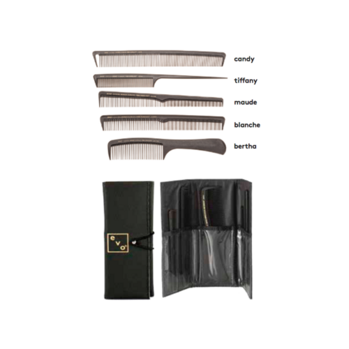 Evo Carbon Professional Comb Collection Set 5 Combs in Soft Carry Case