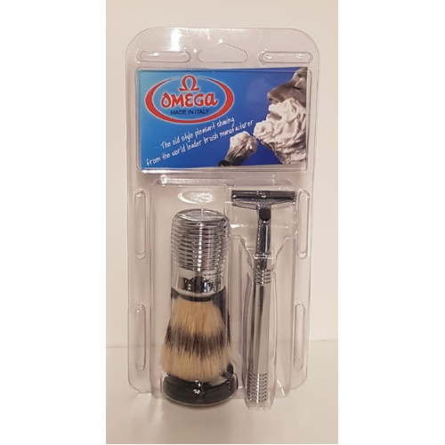 OMEGA Chrome Shave Brush & Razor Shaving Set Made in Italy 100% pure bristle
