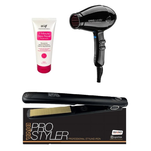 Speedy Supalite Black Hairdryer - Diva PRO Styler Iron + Treatment Pack