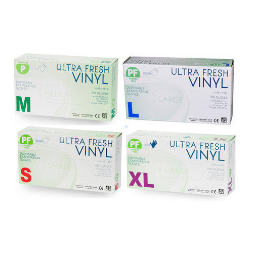 Ultra Fresh Clear Vinyl Powder & Latex Free Disposable Gloves Box 100pc
